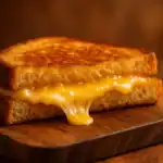 Golden-brown grilled cheese on a wooden board with melted cheddar stretching from the center, warm background.