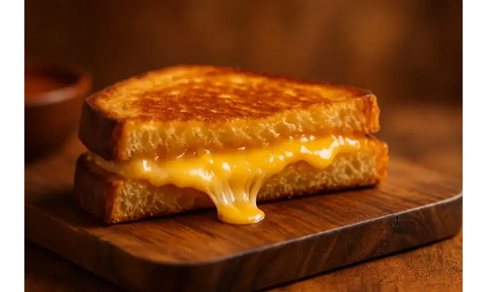 Golden-brown grilled cheese on a wooden board with melted cheddar stretching from the center, warm background.