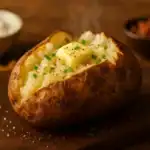 teaming baked Russet potato split open on a wooden board, topped with melting butter, chives, salt, and pepper; small bowls of sour cream, cheddar, and bacon in the background.