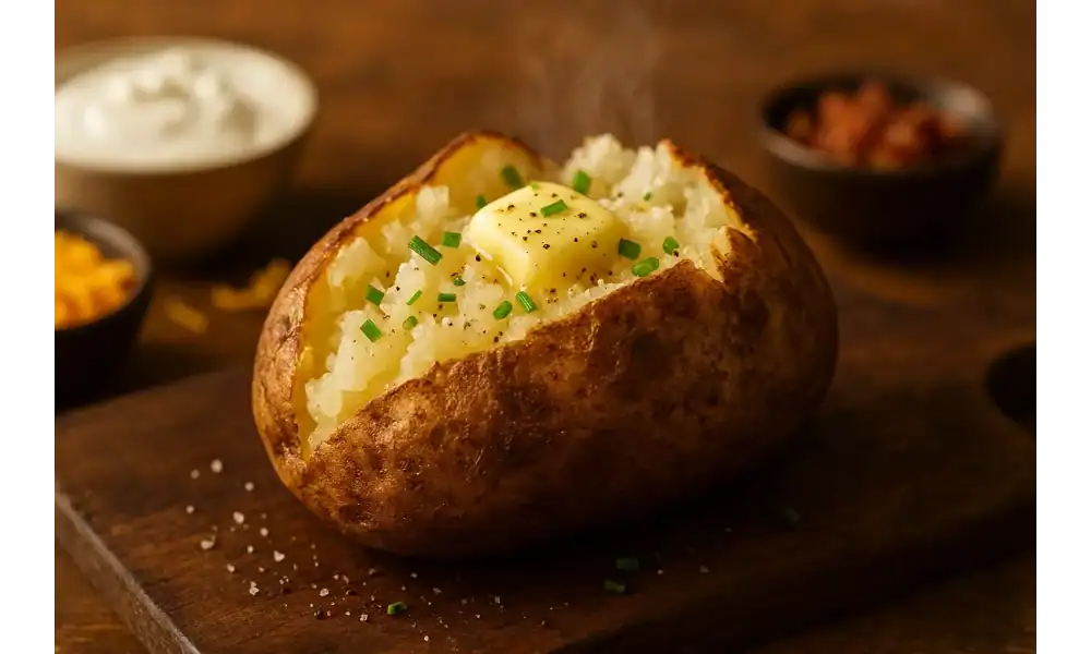 teaming baked Russet potato split open on a wooden board, topped with melting butter, chives, salt, and pepper; small bowls of sour cream, cheddar, and bacon in the background.