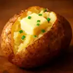Close-up of a baked Russet potato split open with melting butter and fresh chives on a warm wooden surface.