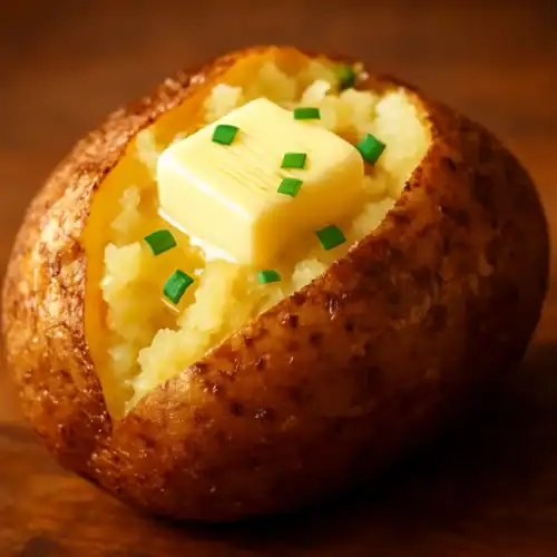 Close-up of a baked Russet potato split open with melting butter and fresh chives on a warm wooden surface.