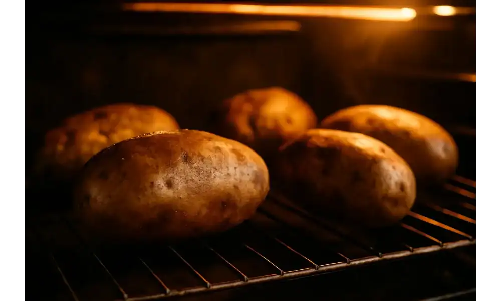 Russet potatoes baking on an oven rack under warm light, skins turning crisp.