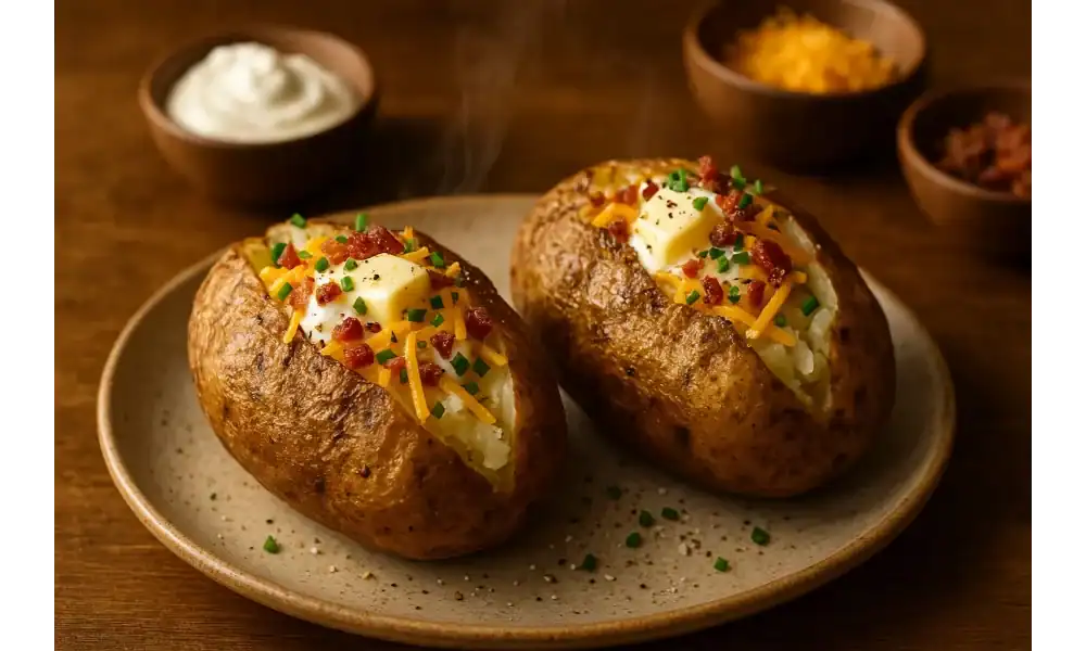 Two loaded baked Russet potatoes on a plate, topped with butter, sour cream, cheddar, bacon, and chives, steaming on a warm wooden table.