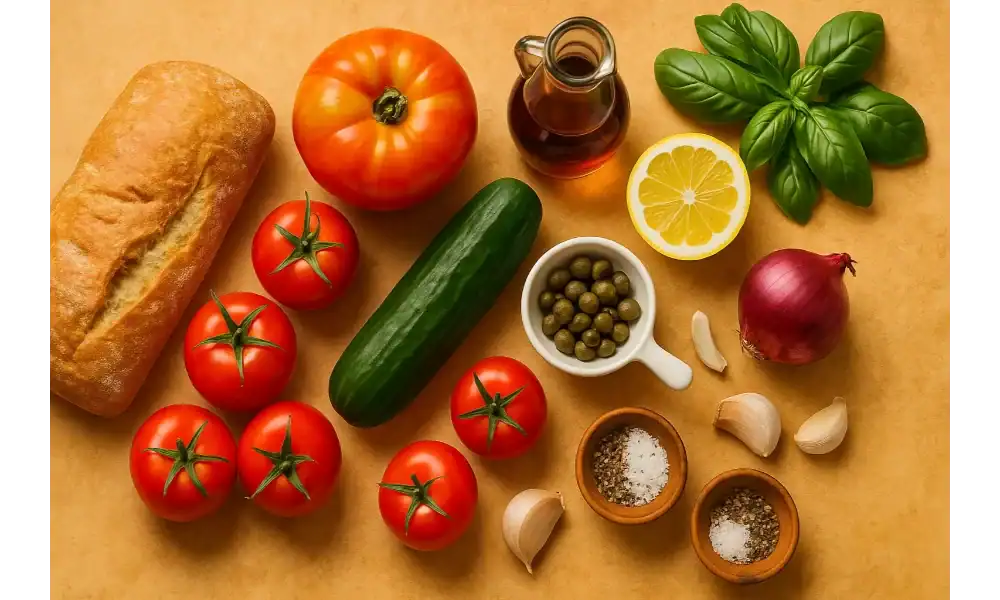 Top-down warm-toned flat lay of Panzanella ingredients: ciabatta, ripe tomatoes, cucumber, basil, red onion, capers, red wine vinegar, lemon, garlic, salt, and pepper.