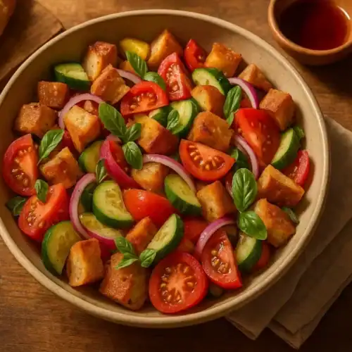 Large bowl of easy Panzanella salad with toasted ciabatta cubes, ripe tomatoes, cucumber, red onion, and basil on a rustic wooden table with small bowls of olive oil and red wine vinegar.