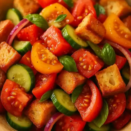 Close-up of Panzanella with golden toasted bread cubes, ripe red and yellow tomatoes, cucumber rounds, basil leaves, and thin red onion, glistening with vinaigrette.