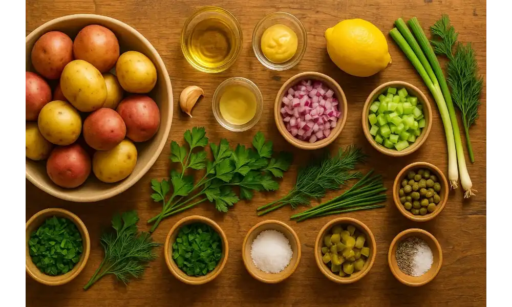 Overhead shot of potato-salad ingredients—red and yellow potatoes, olive oil, Dijon, vinegar, lemon, red onion, celery, scallions, dill, parsley, capers, pickles, salt, and pepper—on a warm wood background.
