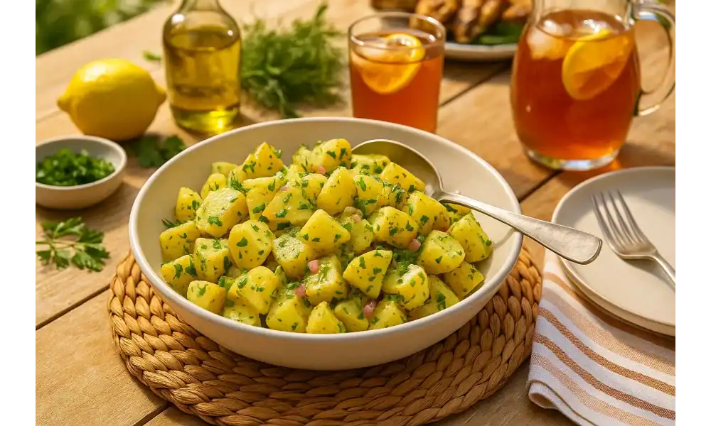 Summer outdoor table with a bowl of lemon-herb no-mayo potato salad, parsley flecks, and a spoon; iced tea, lemon, and olive oil in warm sunlight.