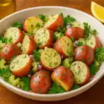 Close-up of a no-mayo red potato salad—halved baby red potatoes with parsley, dill, celery, and red onion in a white bowl, with lemon wedges and olive oil on a warm wooden table.