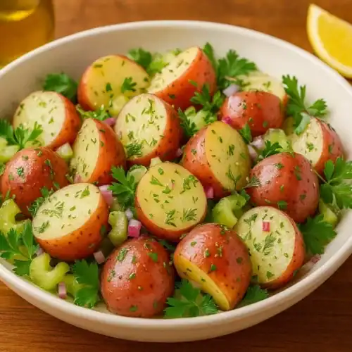 Close-up of a no-mayo red potato salad—halved baby red potatoes with parsley, dill, celery, and red onion in a white bowl, with lemon wedges and olive oil on a warm wooden table.