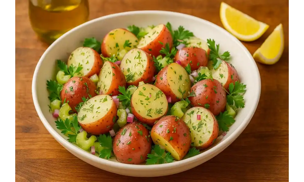 Close-up of a no-mayo red potato salad—halved baby red potatoes with parsley, dill, celery, and red onion in a white bowl, with lemon wedges and olive oil on a warm wooden table.