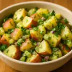Close-up bowl of no-mayo potato salad—Yukon Gold and red potato cubes tossed with lemon-Dijon vinaigrette, parsley, celery, and red onion on a warm wood table.