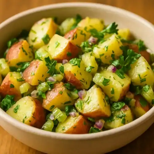 Close-up bowl of no-mayo potato salad—Yukon Gold and red potato cubes tossed with lemon-Dijon vinaigrette, parsley, celery, and red onion on a warm wood table.