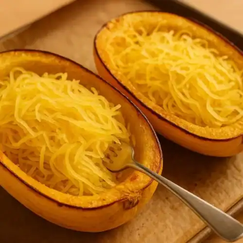 Two roasted spaghetti squash halves, full of long strands, on a parchment-lined baking sheet with a fork fluffing the strands in warm light.