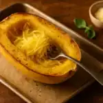 Roasted spaghetti squash half on a parchment-lined sheet pan, fork fluffing long, pasta-like strands; basil and Parmesan in the background.