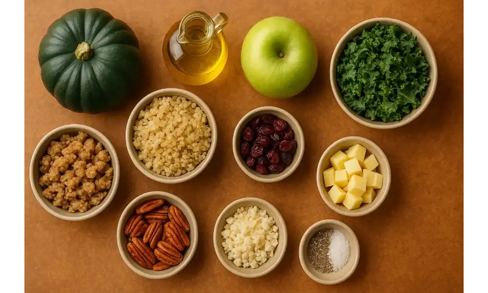 Overhead flat-lay of stuffed acorn squash ingredients: whole acorn squash, olive oil, green apple, chopped kale, cooked quinoa, browned sausage crumbles, dried cranberries, diced cheese, pecans, grated cheese, salt, and black pepper on a warm brown background.