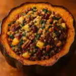 Close-up of a roasted acorn squash half stuffed with quinoa, sausage, apples, cranberries, pecans, and kale, showing rich texture and warm colors.