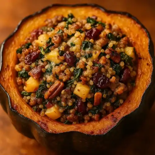 Close-up of a roasted acorn squash half stuffed with quinoa, sausage, apples, cranberries, pecans, and kale, showing rich texture and warm colors.