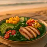 Grilled chicken summer salad with avocado, mango, cucumber, cherry tomatoes, sweet corn, and feta on baby greens, served on a wooden picnic table by the beach at golden hour.