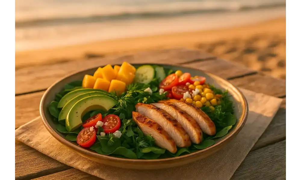 Grilled chicken summer salad with avocado, mango, cucumber, cherry tomatoes, sweet corn, and feta on baby greens, served on a wooden picnic table by the beach at golden hour.