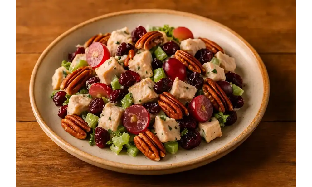 Cranberry-pecan chicken salad (Waldorf-style) with grapes, celery, and creamy dressing on a rustic plate over warm wood, shot in warm natural light.