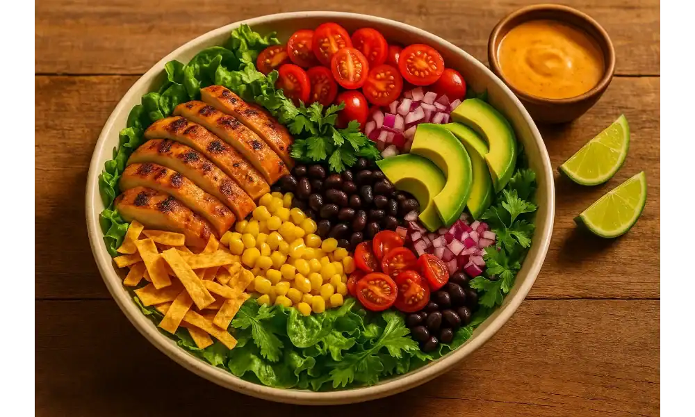 Southwest grilled chicken salad with sliced chicken, black beans, corn, avocado, cherry tomatoes, red onion, tortilla strips, and cilantro in a bowl, with chipotle-lime dressing and lime wedges on a warm wooden table.