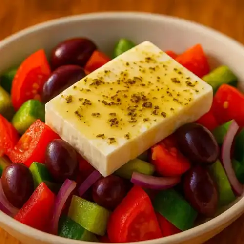 Close-up of traditional Greek salad (horiatiki) with a slab of feta drizzled with olive oil and oregano over tomatoes, cucumber, red onion, and Kalamata olives.