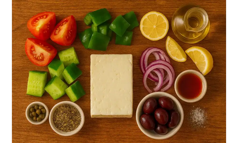 lat-lay of Greek salad ingredients on a warm wooden table: tomatoes, cucumber, green bell pepper, red onion, lemon, extra-virgin olive oil, red wine vinegar, capers, dried oregano, Kalamata olives, feta block, and a pinch of salt.