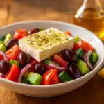 Close-up bowl of traditional Greek salad topped with a slab of feta and Kalamata olives, with a lemon wedge and olive-oil cruet on a warm wooden table.