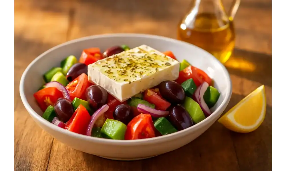 Close-up bowl of traditional Greek salad topped with a slab of feta and Kalamata olives, with a lemon wedge and olive-oil cruet on a warm wooden table.