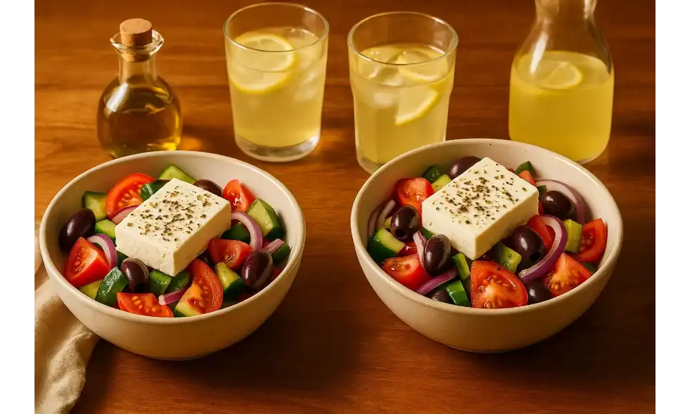 Two bowls of traditional Greek salad (horiatiki) topped with a block of feta and Kalamata olives, with lemon drinks and an olive-oil cruet on a warm wooden table.