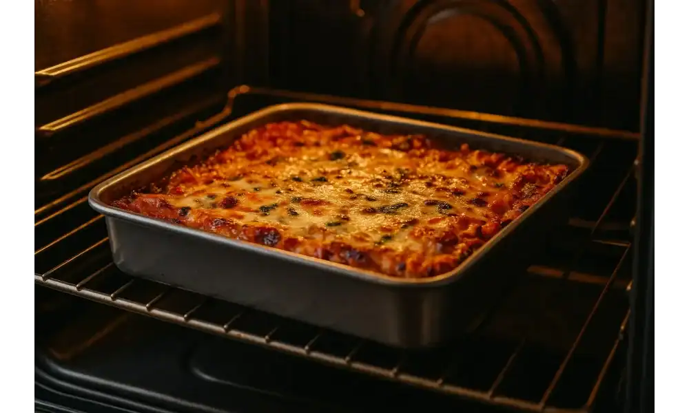 Freshly baked vegetarian lasagna in a metal pan on the oven rack—golden, bubbly cheese over marinara with no-boil noodles.