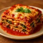 Close-up slice of weeknight vegetarian lasagna with no-boil noodles, spinach, mushrooms, ricotta, marinara, and melted mozzarella on a beige plate with fresh basil.