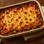 Overhead view of a golden, bubbly vegetarian lasagna in a cream baking dish—no-boil noodles with spinach, zucchini, marinara, and melted mozzarella on a wooden table with basil and grated cheese.