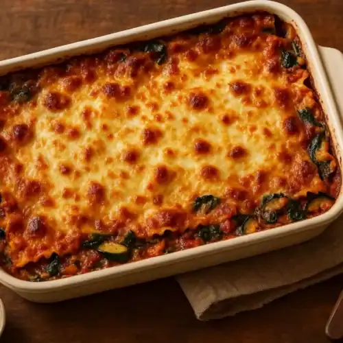 Overhead view of a golden, bubbly vegetarian lasagna in a cream baking dish—no-boil noodles with spinach, zucchini, marinara, and melted mozzarella on a wooden table with basil and grated cheese.