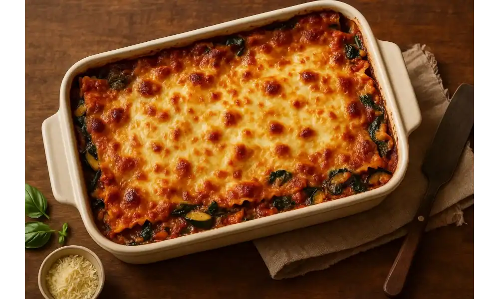 Overhead view of a golden, bubbly vegetarian lasagna in a cream baking dish—no-boil noodles with spinach, zucchini, marinara, and melted mozzarella on a wooden table with basil and grated cheese.