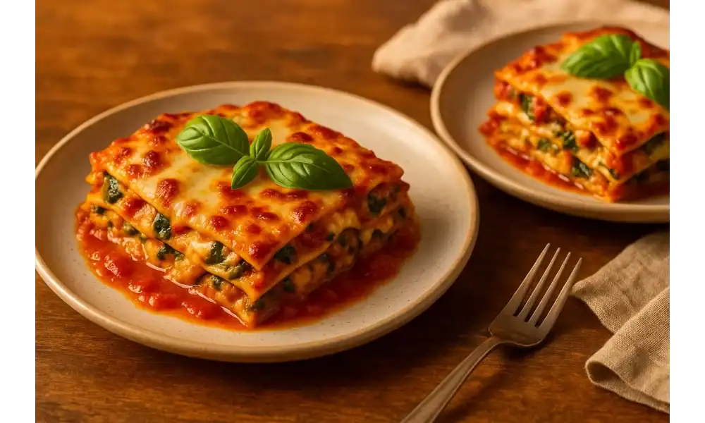 Two plated slices of vegetarian lasagna on stoneware plates—no-boil noodles layered with spinach, mushrooms, ricotta, marinara, and browned mozzarella, garnished with fresh basil; fork and linen on a warm wooden table.