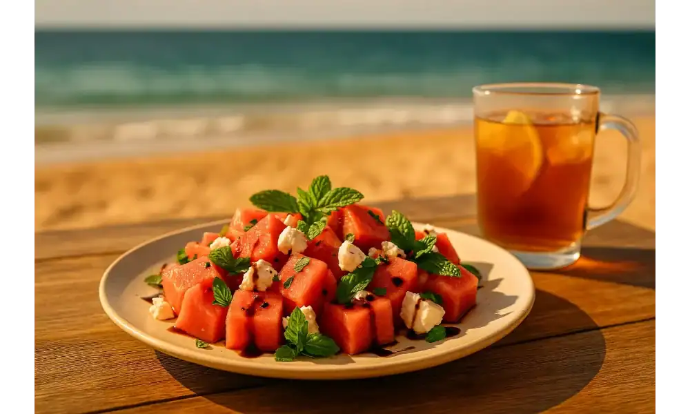 Beachside plate of watermelon feta salad with fresh mint and a balsamic drizzle on a wooden table, iced tea beside it, ocean in the background.