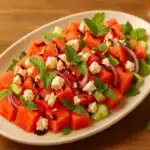 Close-up of watermelon feta salad with fresh mint, cucumber, red onion, and balsamic drizzle on an oval white plate over a wooden table.