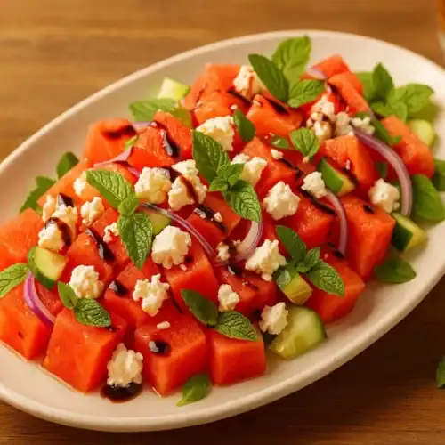 Close-up of watermelon feta salad with fresh mint, cucumber, red onion, and balsamic drizzle on an oval white plate over a wooden table.