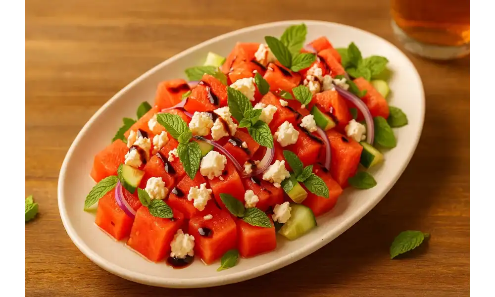 Close-up of watermelon feta salad with fresh mint, cucumber, red onion, and balsamic drizzle on an oval white plate over a wooden table.