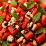 Close-up of watermelon cubes topped with feta crumbles, fresh mint leaves, and a glossy balsamic drizzle.