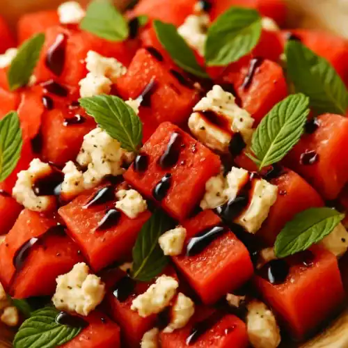 Close-up of watermelon cubes topped with feta crumbles, fresh mint leaves, and a glossy balsamic drizzle.