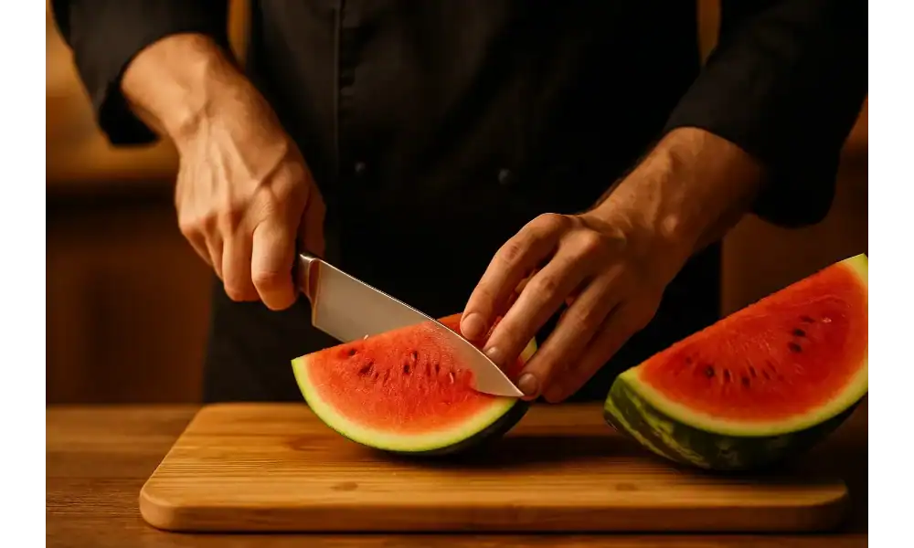 Close-up of a chef slicing a ripe watermelon wedge on a wooden cutting board under warm light.