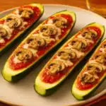 Baked zucchini pizza boats filled with tomato sauce, melted mozzarella, and topped with mushrooms on a plate.