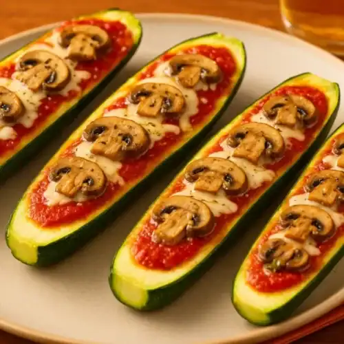 Baked zucchini pizza boats filled with tomato sauce, melted mozzarella, and topped with mushrooms on a plate.