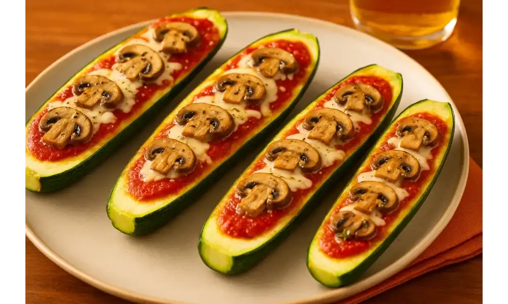 Baked zucchini pizza boats filled with tomato sauce, melted mozzarella, and topped with mushrooms on a plate.