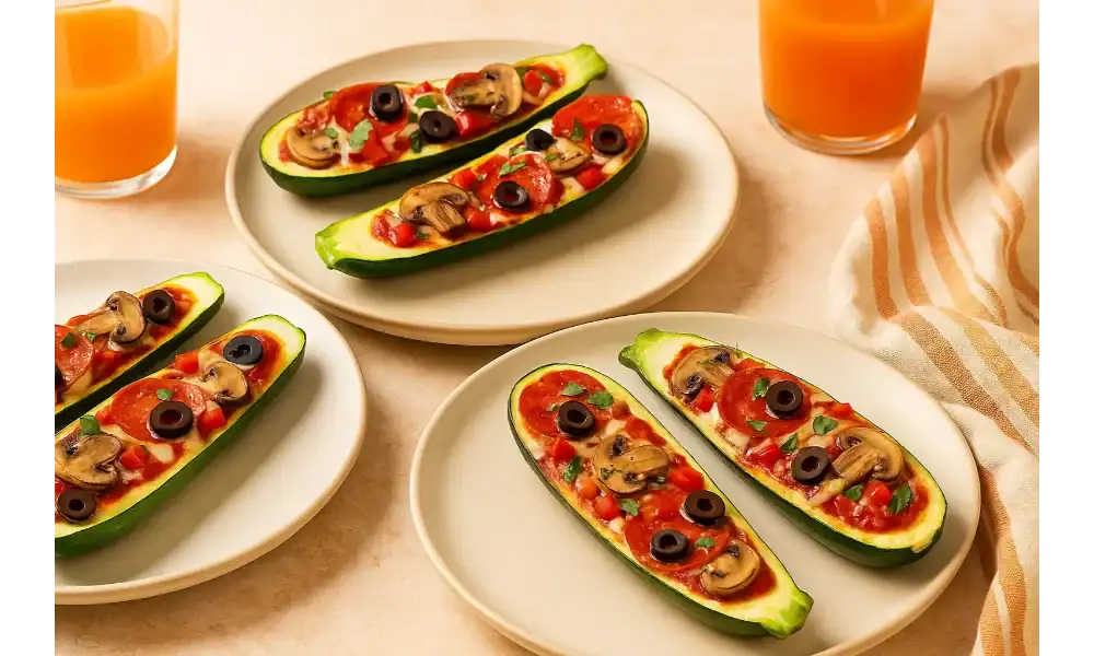 Zucchini pizza boats topped with mushrooms, olives, pepperoni, and cheese served on plates with orange juice.