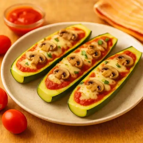 Zucchini pizza boats filled with tomato sauce, melted mozzarella, and topped with mushrooms served on a plate.